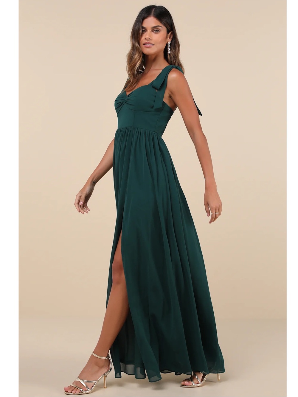 Lulus Radiant Charisma Emerald Green Chiffon Ruched Tie-Strap Maxi Dress Small